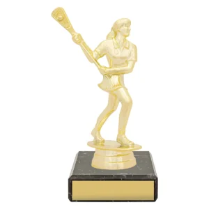 Gold figure trophy - female lacrosse with plastic / marble construction