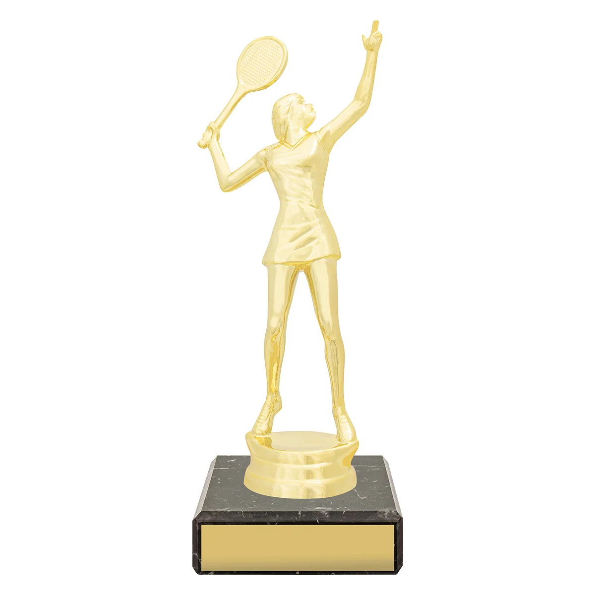 yb8323-gold Gold figure trophy - female tennis with plastic / marble construction