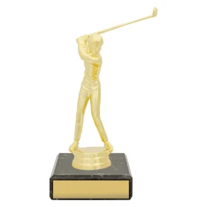 Gold figure trophy - male golf with plastic / marble construction