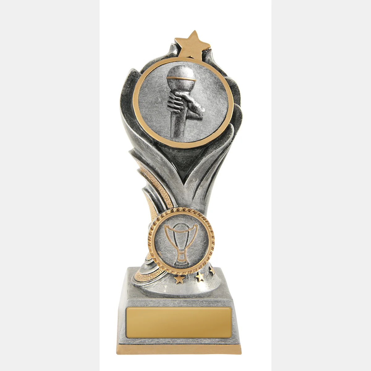 -gold Silver / gold flame tower-netball with resin construction