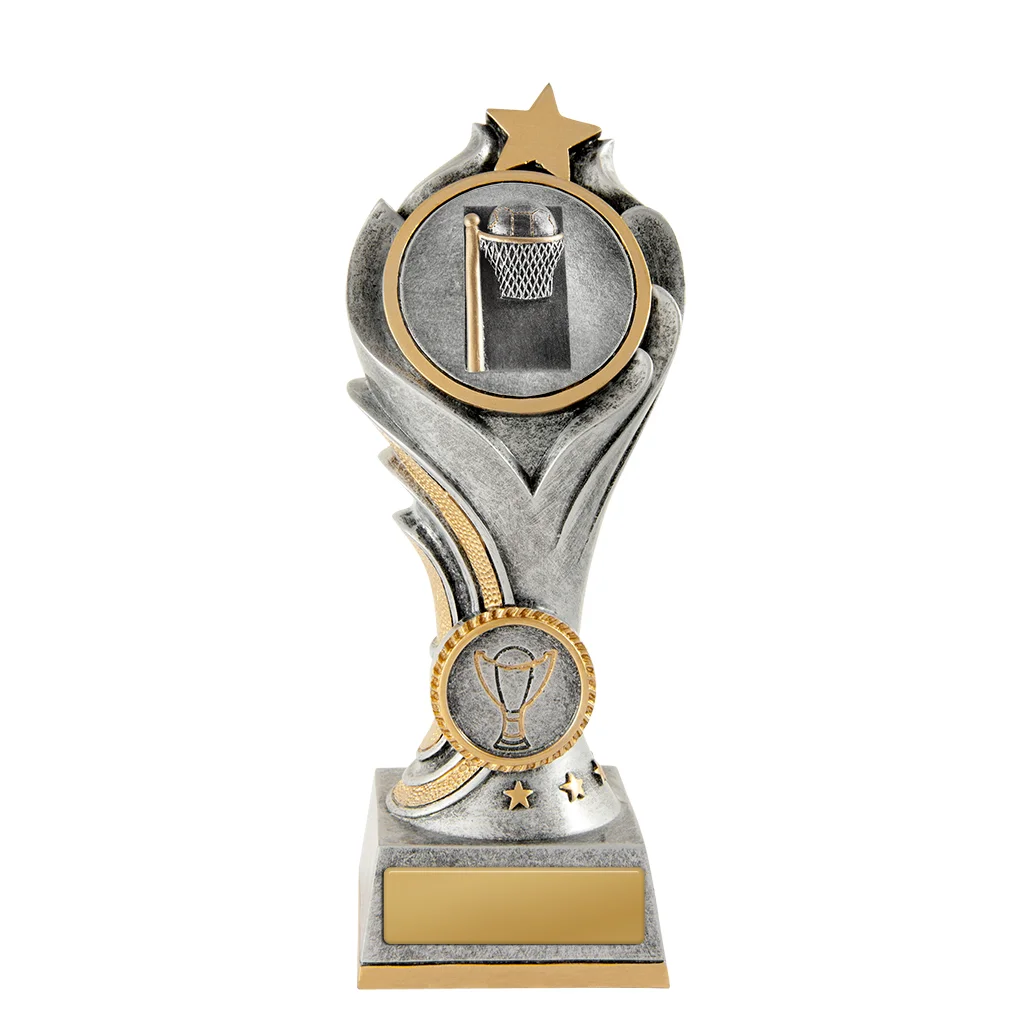 -gold Silver / gold flame tower-netball with resin construction