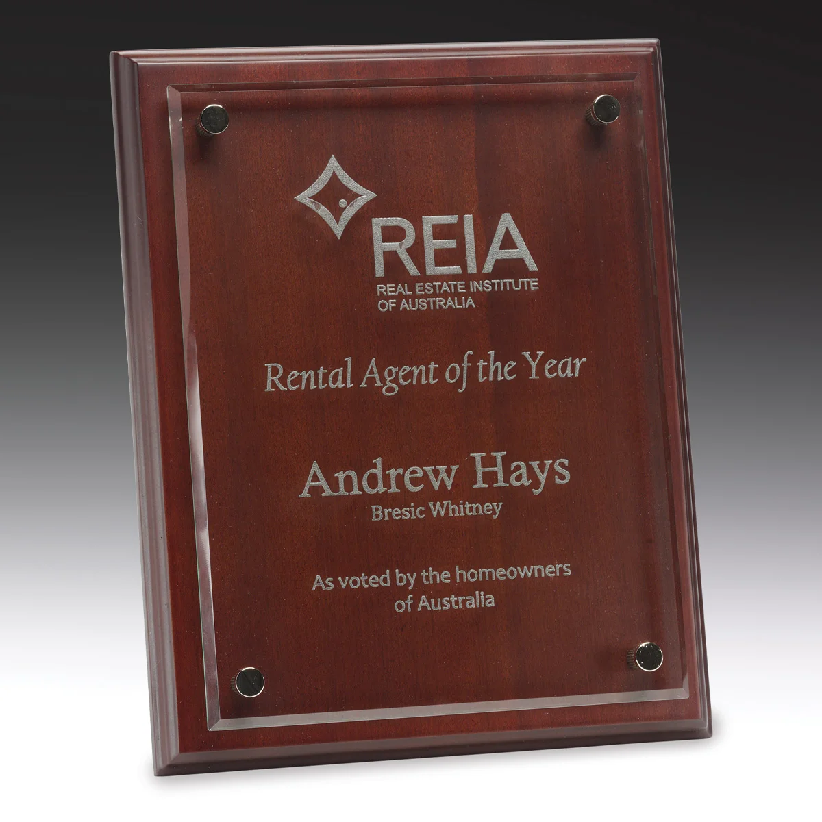Walnut floating glass plaque with glass / timber construction