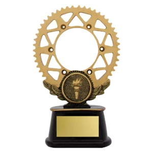 Gold gear trophies with resin construction