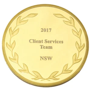 Gold laurel presentation medal with metal construction