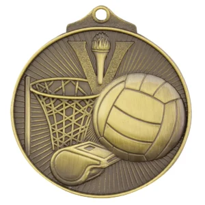 Gold netball medal with metal construction