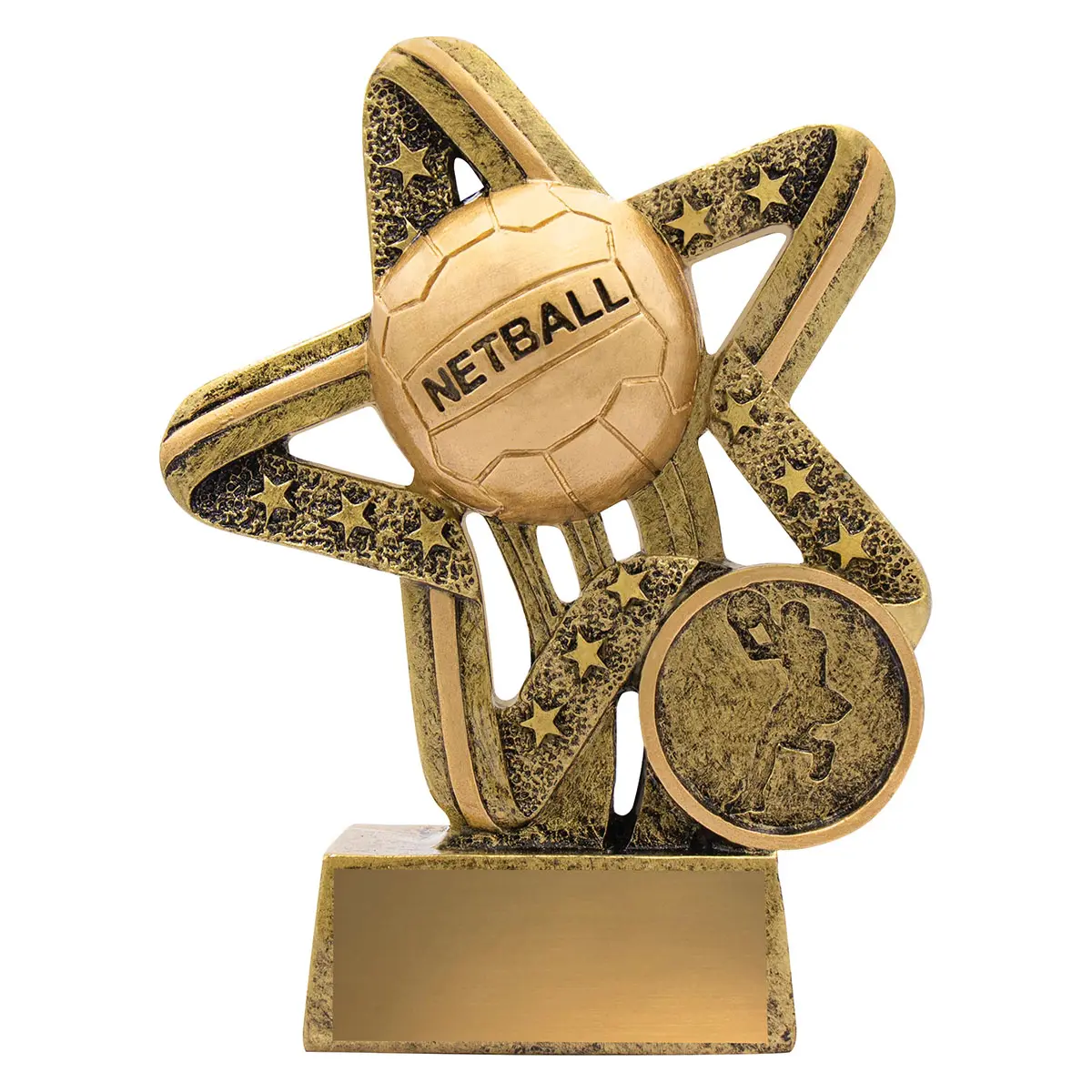 11391a-gold Gold netball stars & stripes with resin construction