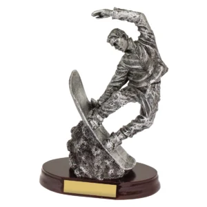 Silver snowboarding trophy with resin construction