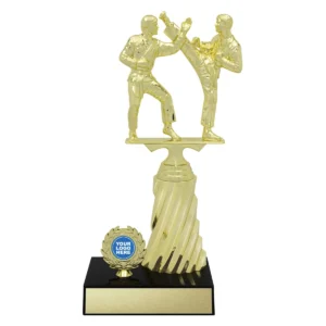 Gold spiral trophy with plastic / timber construction