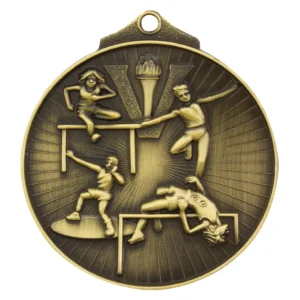 Gold track and field medal with metal construction