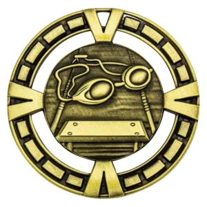 Gold varsity swim with metal construction