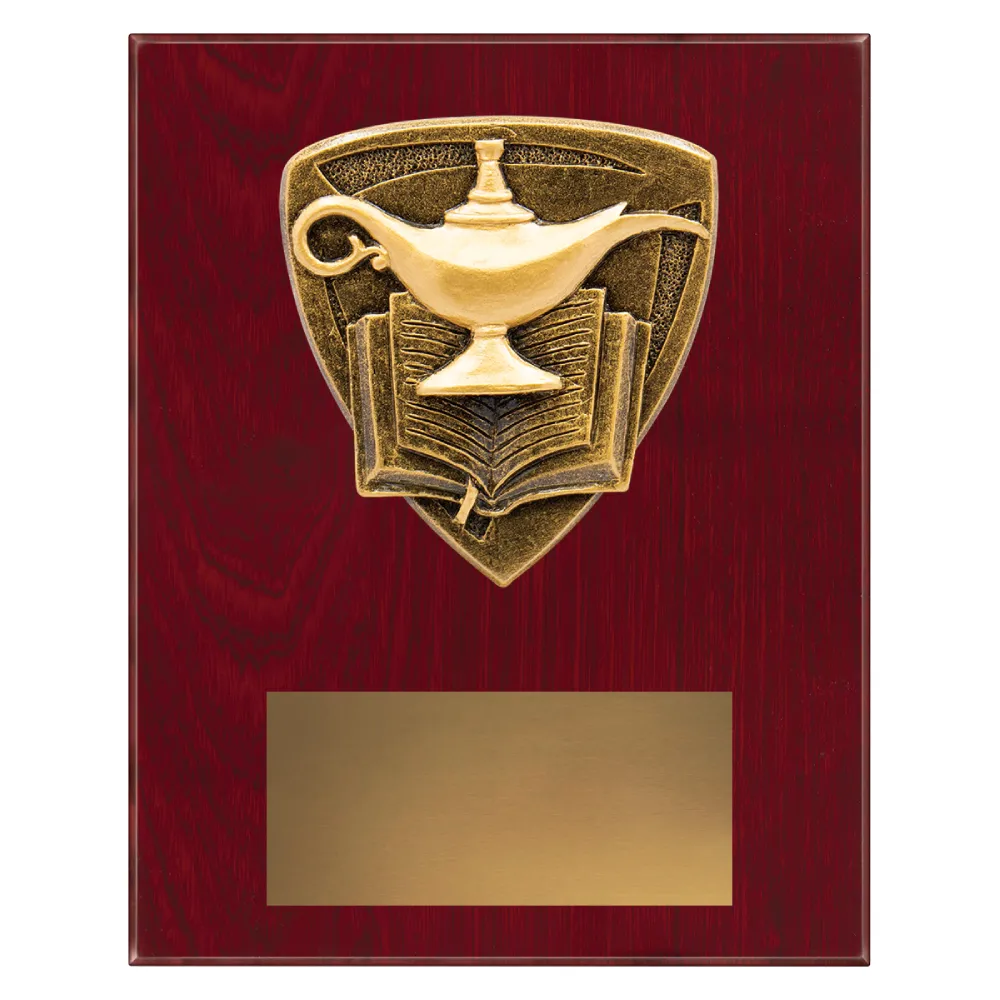 Academic Nova Plaque small Academic plaque with lamp of knowledge and open book emblem on a wooden plaque.