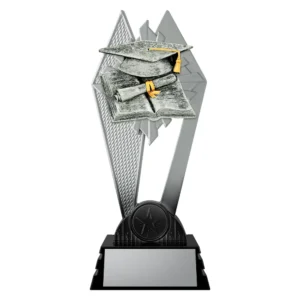 black and silver trophy with graduation cap and books