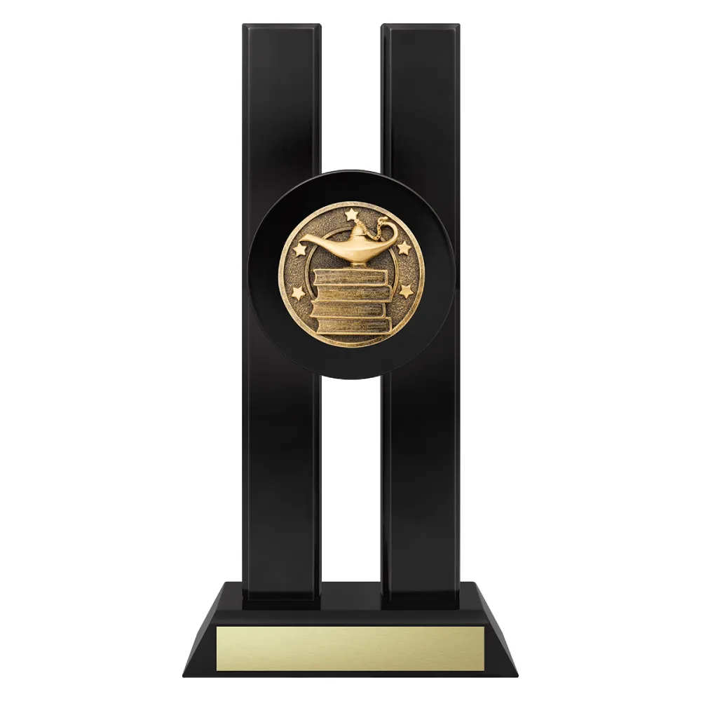 Academic Spotlight Academic trophy with lamp of knowledge and books emblem on a black base.