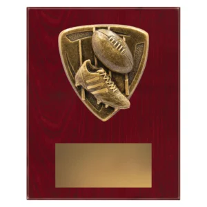 cross country plaque with boot, ball and goal posts emblem on a wooden plaque.