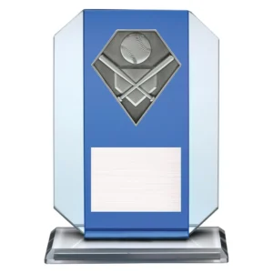 baseball glass award with bats and ball emblem on a blue glass plaque.
