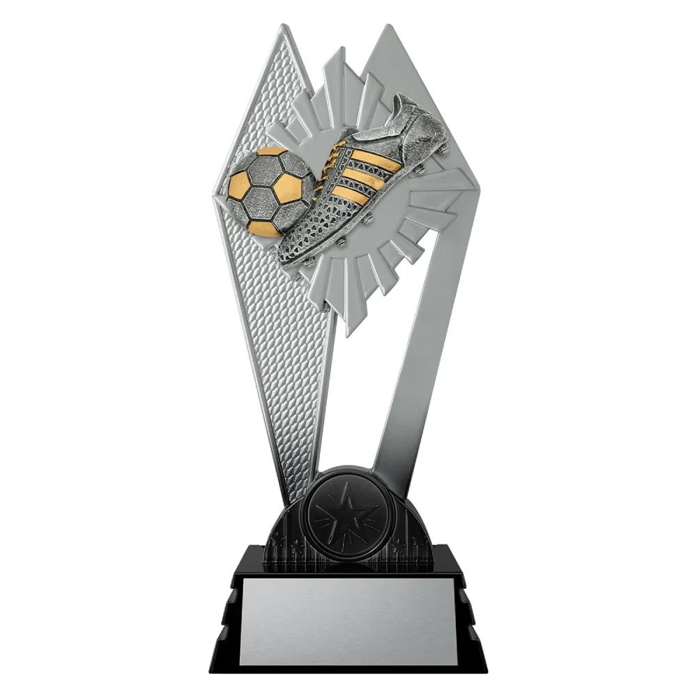 black and silver trophy with boot and ball soccer