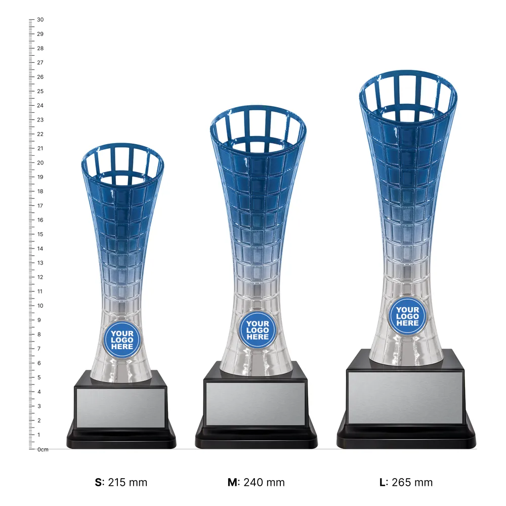 Clarion Cup Silver and Blue Clarion Cup blue and Silver trophies next to ruler