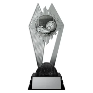 black and silver trophy with boot, ball and goals soccer