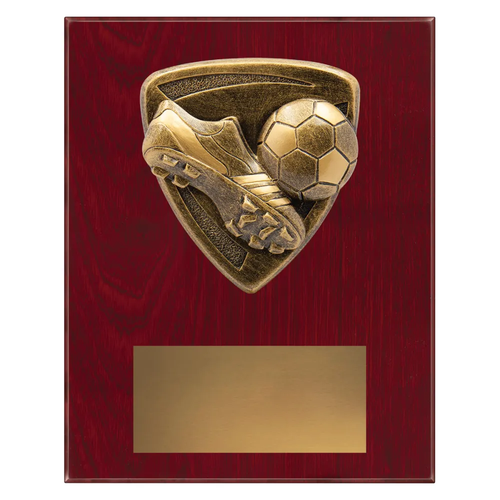 Football Nova Plaque small football plaque with boot, ball and goal emblem on a wooden plaque.
