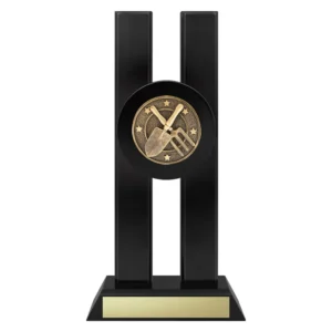 gardening trophy with trowel and garden fork emblem on a black base.