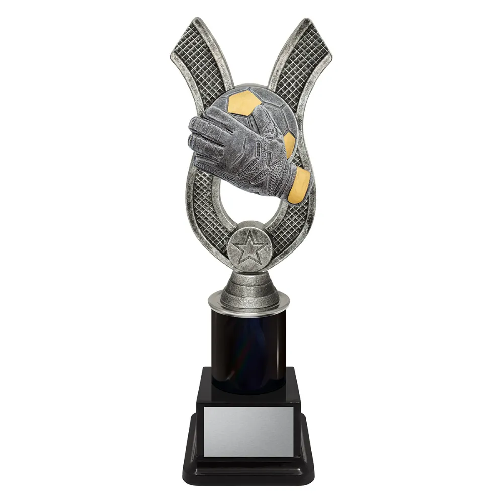 Goalkeeper Anchor medium black and silver football trophy with glove and ball on a black base.