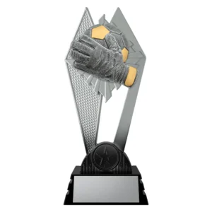 black and silver trophy with glove and ball soccer