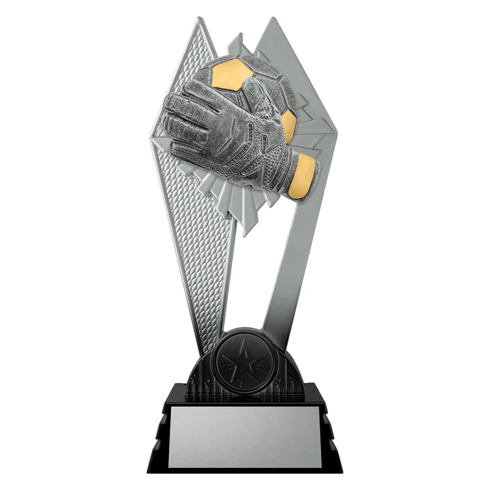 Goalkeeper Shadowcrest medium black and silver trophy with glove and ball soccer