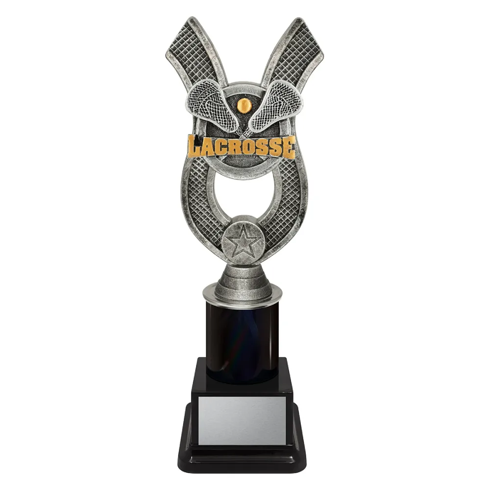Lacrosse Anchor medium lacrosse trophy with sticks and ball on a black base.