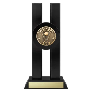 Lacrosse trophy with ball and stick emblem on a black base.