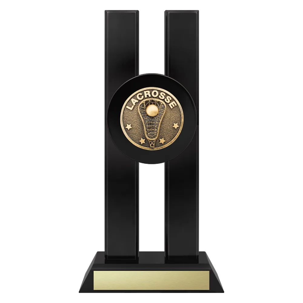 Lacrosse Spotlight Lacrosse trophy with ball and stick emblem on a black base.
