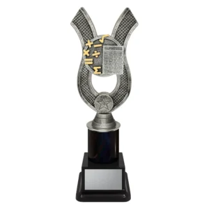 Math trophy with calculator and maths symbols on a black base.