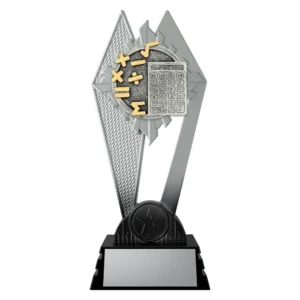 black and silver trophy with maths symbols and calculator