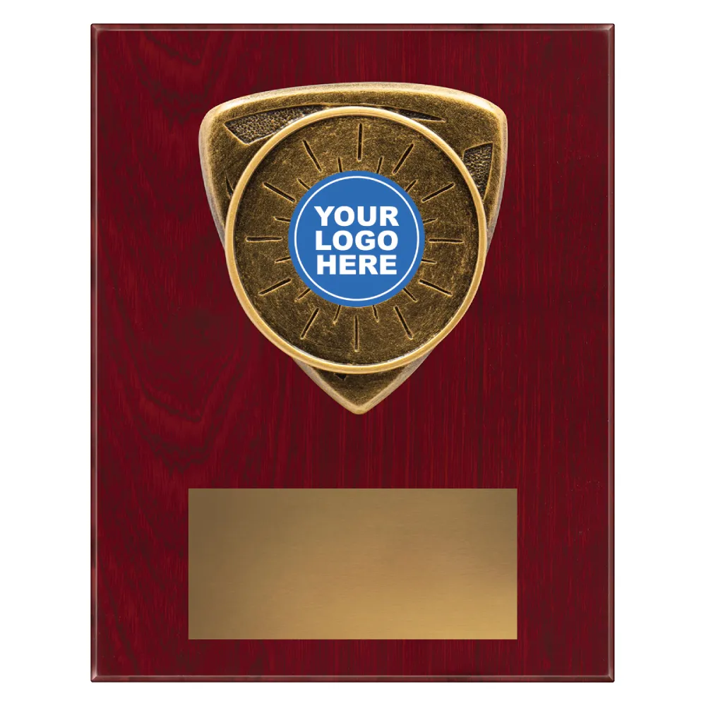 Nova Plaques small award plaque with insert and emblem on a wooden plaque.