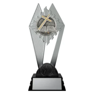 black and silver trophy with cross and bible