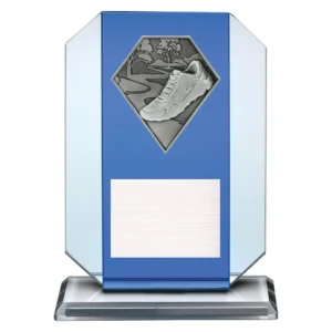 running glass award with shoe and track emblem on a blue glass plaque.