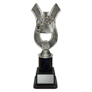 Science trophy with microscope, atom symbol, and beaker on a black base.
