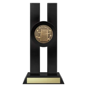 maths trophy with symbols and calculator emblem on a black base.