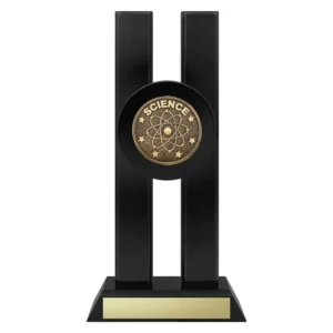science trophy with atoms emblem on a black base.