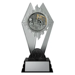 black and silver trophy with players and goals